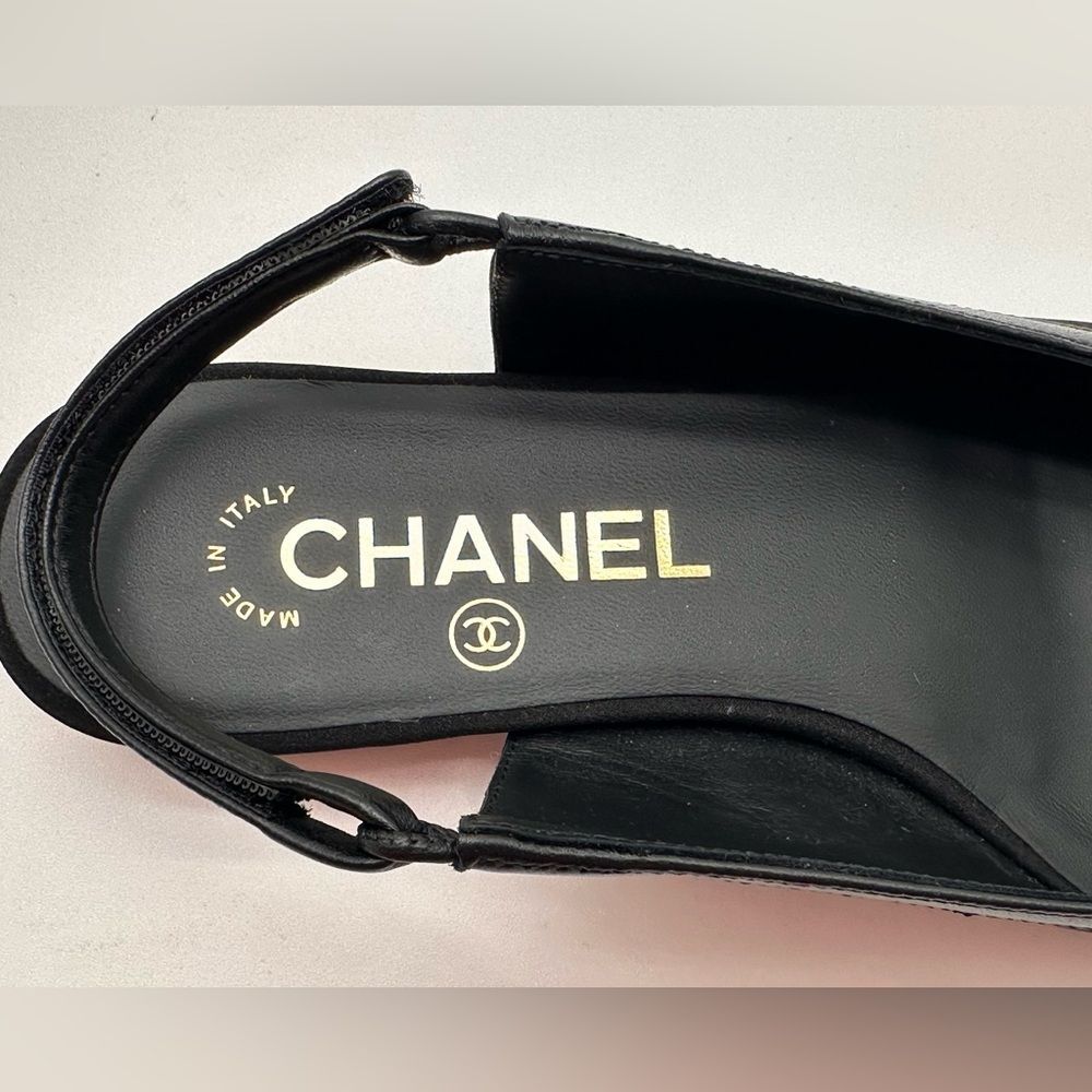 Chanel 2024 CC Logo Black Bow Grosgrain Slingback Ballerina Flats EU 37 - Picture 10 of 15